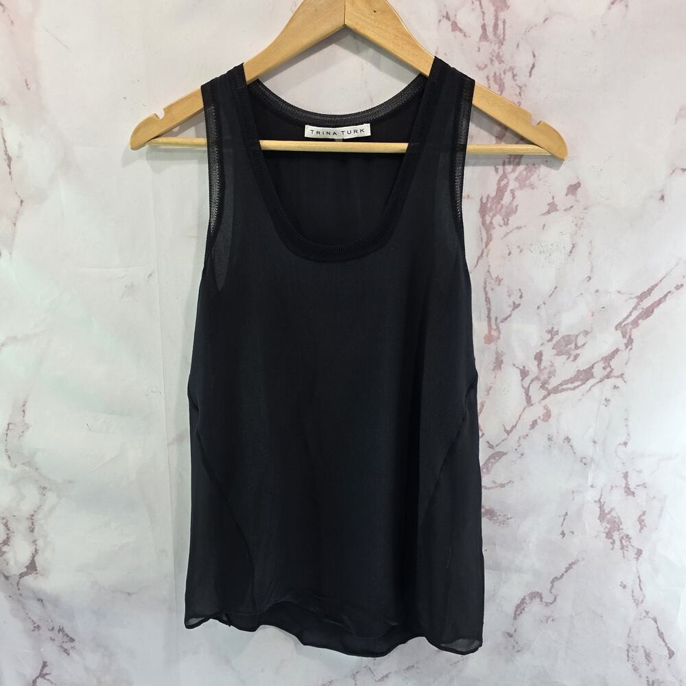 Trina Turk Tank Top Womens XS Black Blouse Silk Sheer Racerback Scoop Fringe